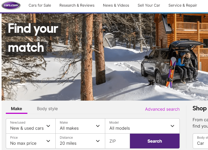 Cars.com website allowing sale of second hand cars