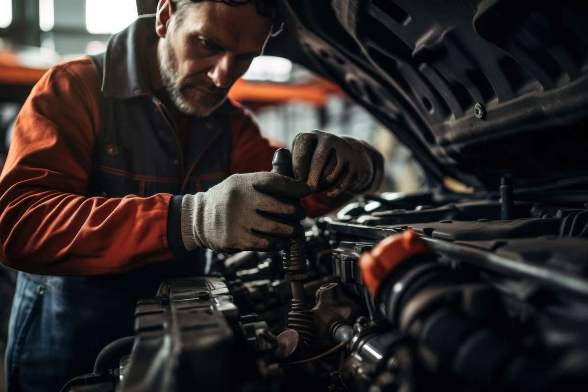 Mechanic fixing a car engine after bad fuel filter symptoms