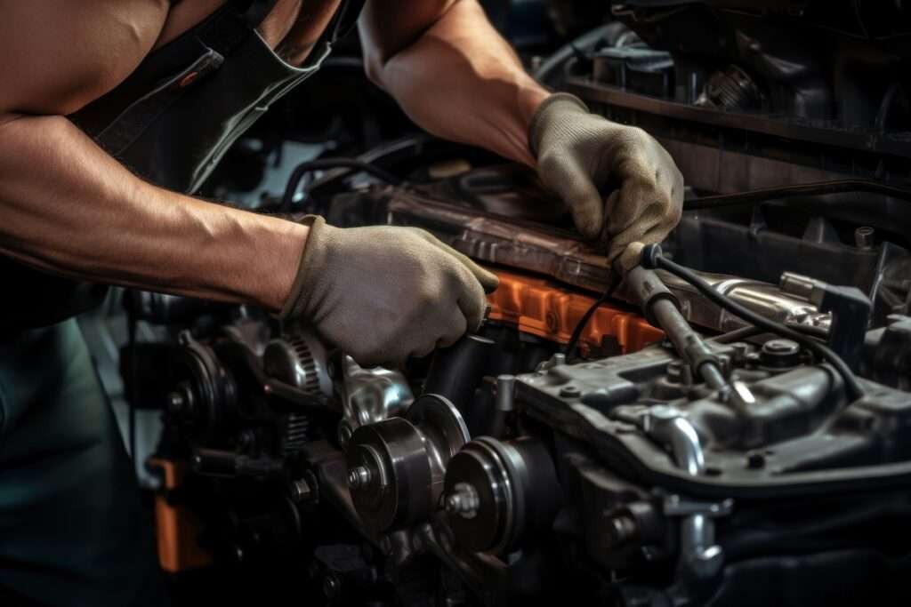 Mechanic is using a ratchet wrench vehicle engine man.