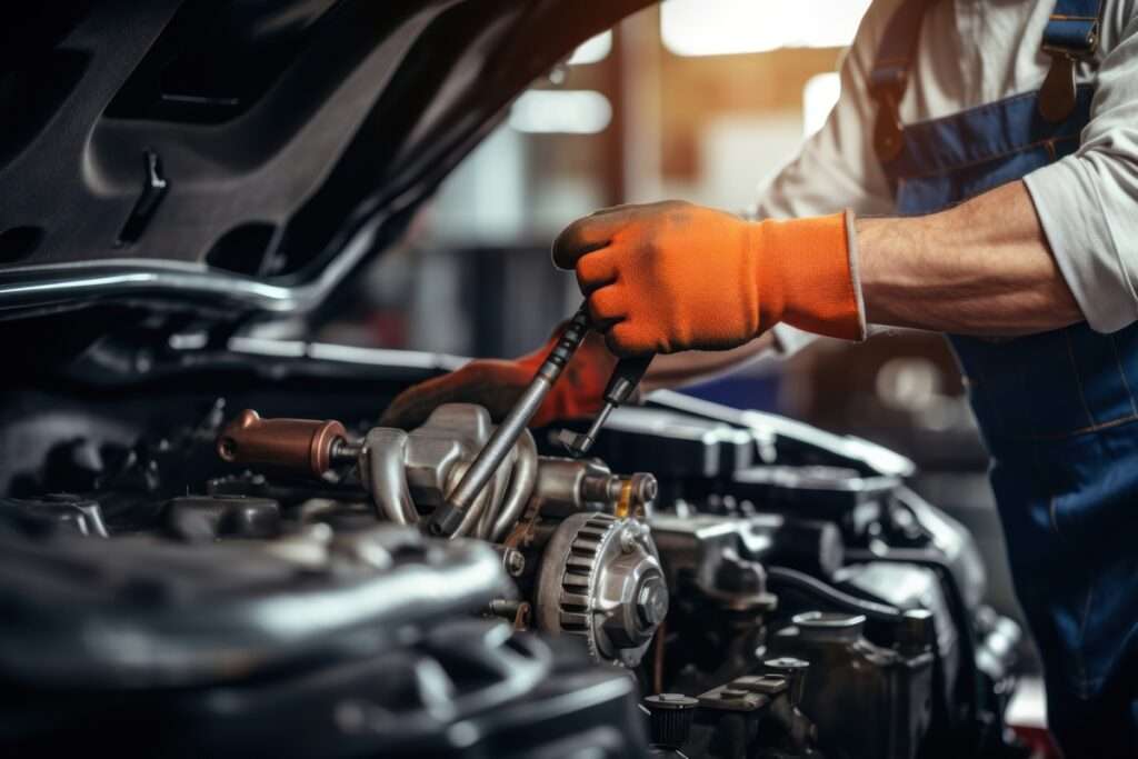 Mechanic working on car engine under the hood